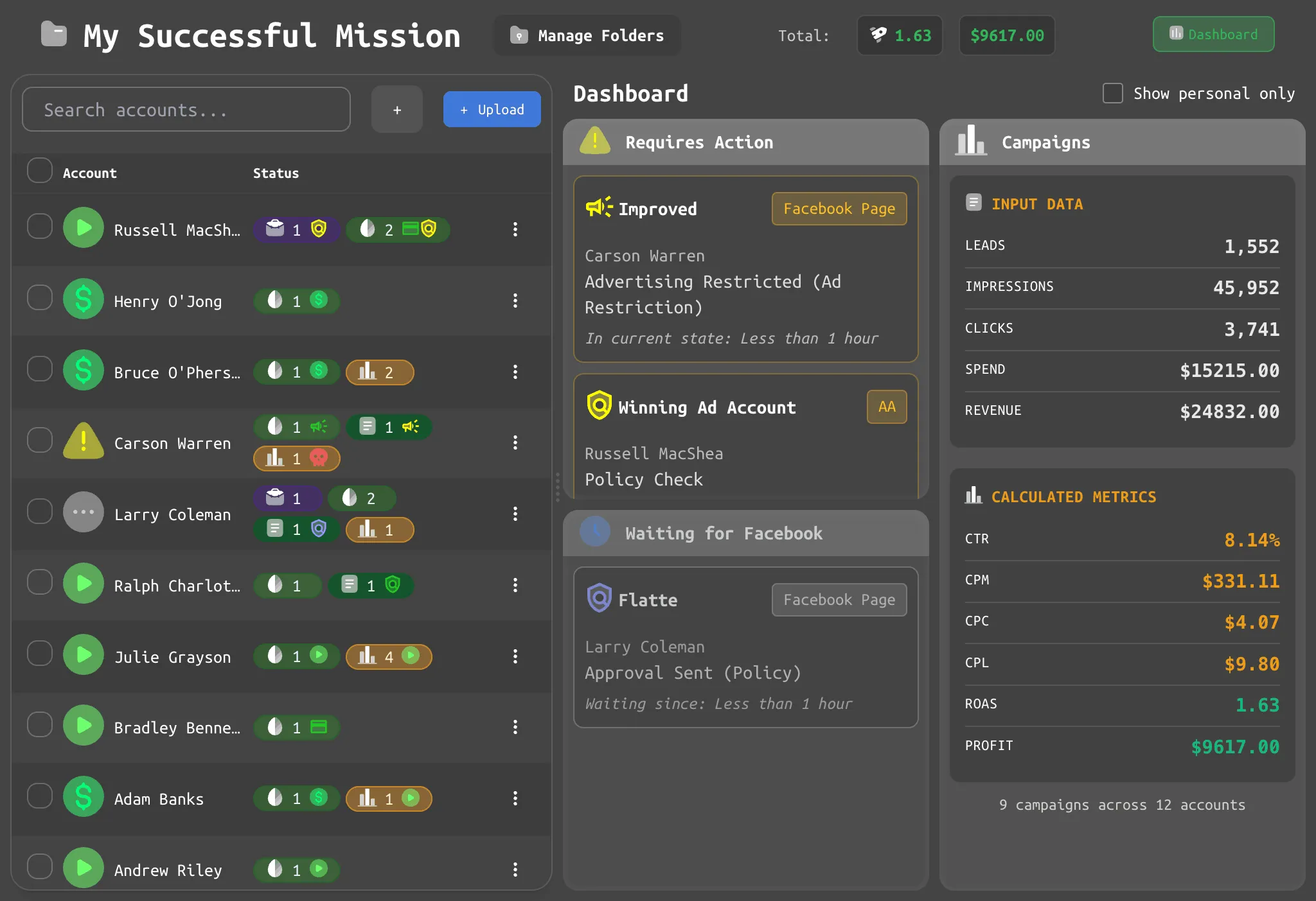 AffiDock dashboard - dark theme, sleek UI